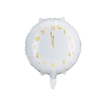 Vit rund klockfolieballong med guldvisare och siffror - 45 cm
