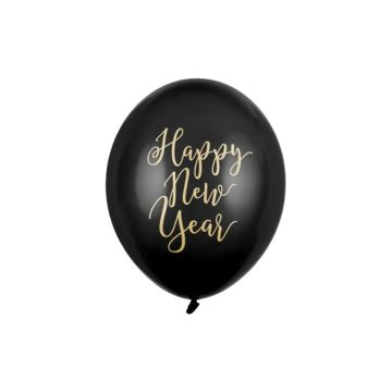 "Happy New Year" ballonger med guldtext svart 50x - 30 cm