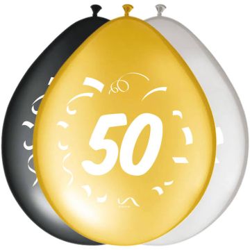 50-års Ballonger Svart, Guld och Silver 8x - 30 cm