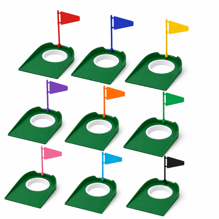 Golf puttning träningssats med puttningkoppar, flaggor och bollsamlar