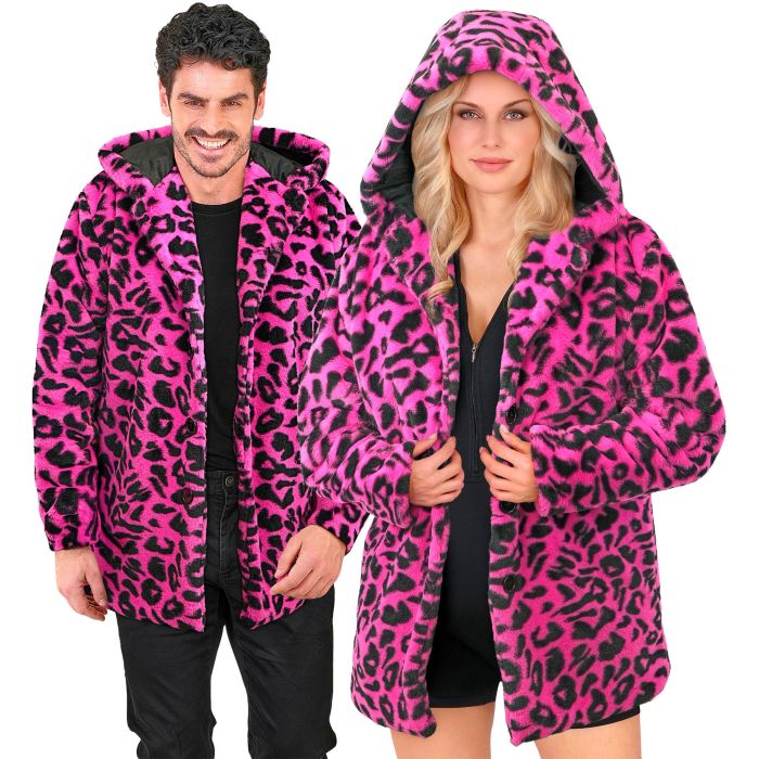 Neonrosa leopardjacka med huva för fest