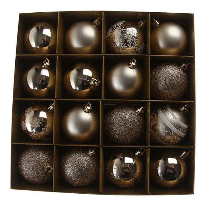 Julekugler med glimmer i matt och glänsande guld 16x - 6 cm