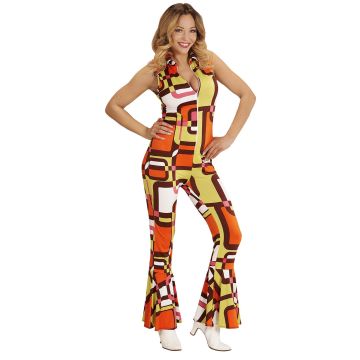 70's disco jumpsuit i orange med blockmönster