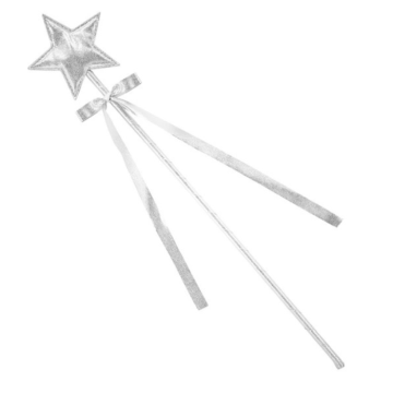 Silverfärgad trollstav med stjärna och band 39,5 cm