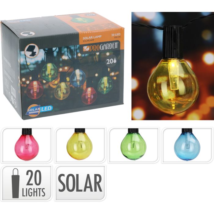 Solcells ljusslinga med 20 LED-lampor och färgglada glödlampor