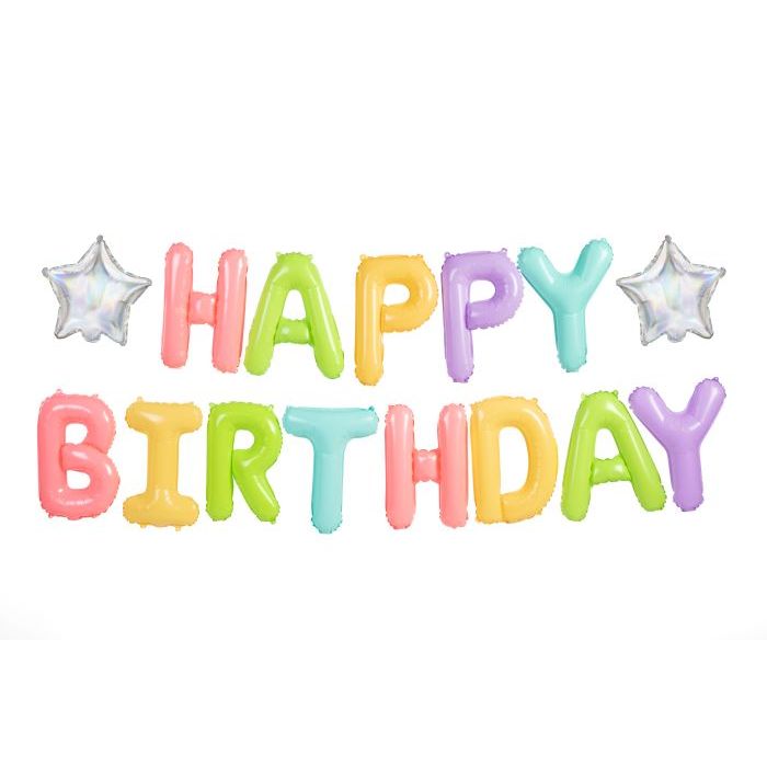 Multifaärgad pastell Happy Birthday bokstavsfolieballonger med 2x silverstjärnor - 395x35 cm