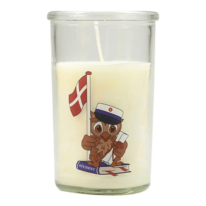 Ljus i glas med studentmössa uggla motiv blå student Det Gamla Apoteket