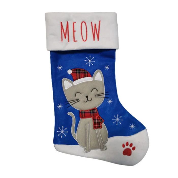 Julstrumpa i blått med kattmotiv - 40x26 cm 