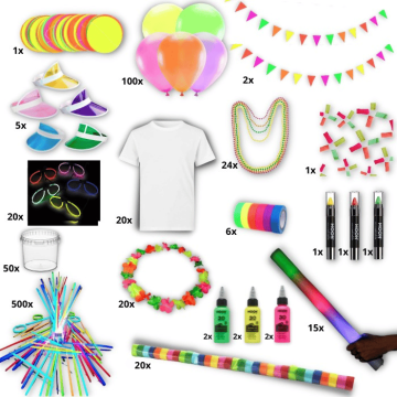 Stort UV Neon festpaket inkl. färg, knäckelyktor, t-shirts mm.