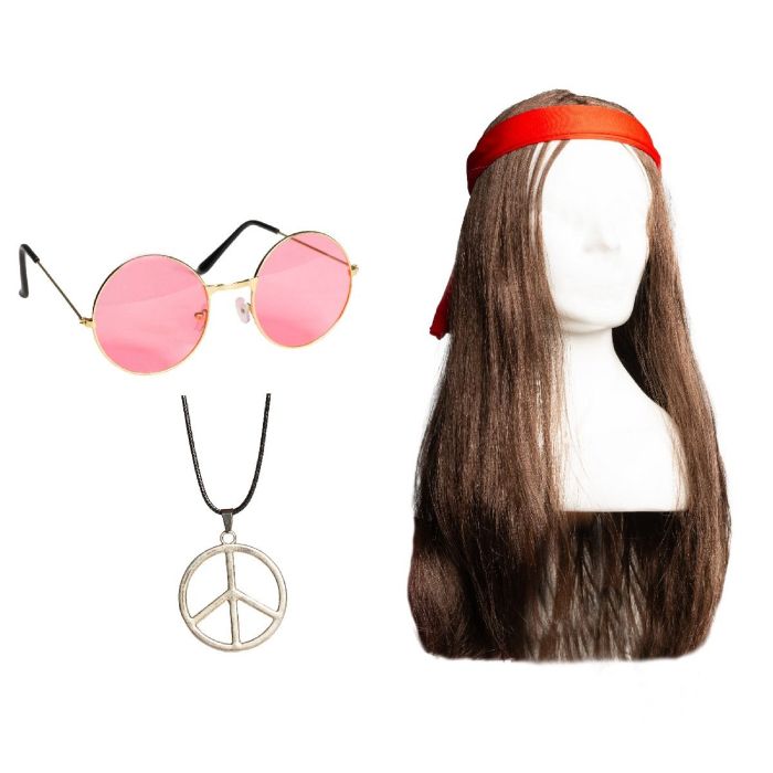 Hippie-set inklusive glasögon, peruk med pannband och halsband för män
