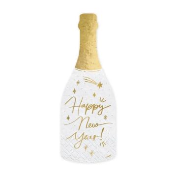 Champagneflaskservetter vita med gulddetaljer nyår 20x - 7x19 cm