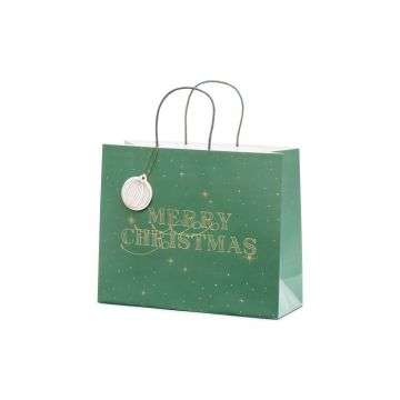 Grön julklappspåse med guldskrift - 32,5x26,5x11,5 cm