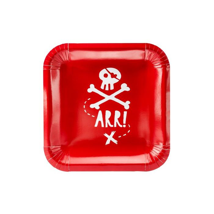 Röda pappers tallrikar med vitt piratmotiv 6x - 20x20 cm