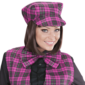 Rosa rutig hatt och fluga