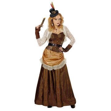 Randig steampunkklänning i brun och guld