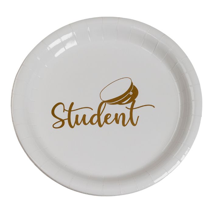 Pappersfat med studentmotiv guld 8x - 18 cm
