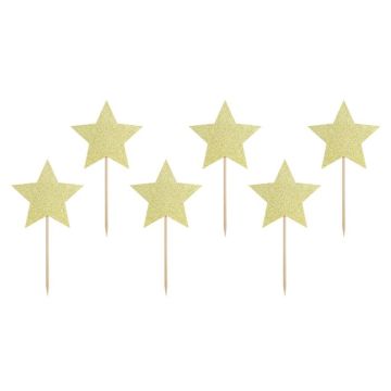 Guld glitter stjärnmatpinnar 6x - 11,5 cm