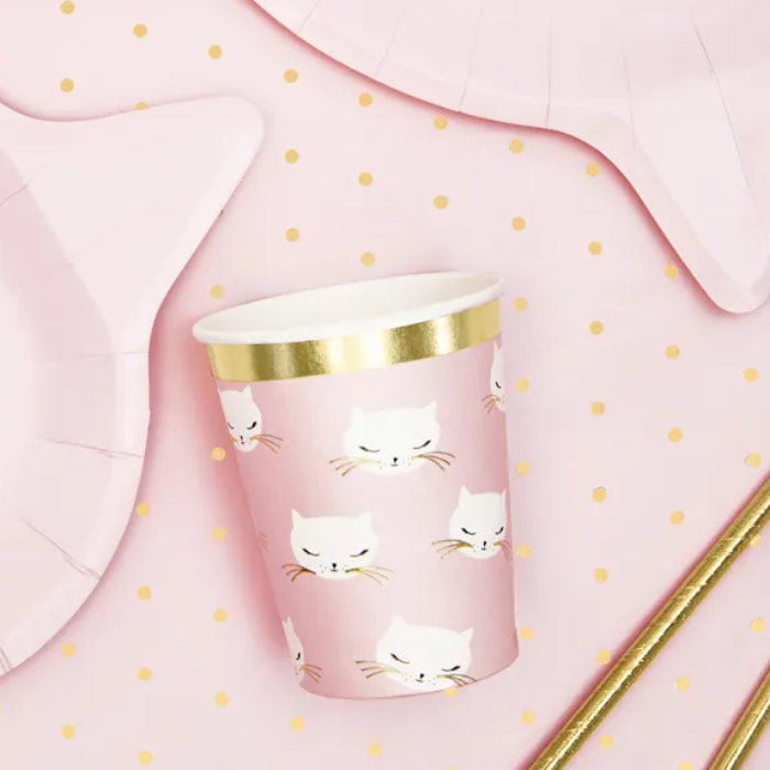 Rosa pappersmuggar med kattmotiv 6x - 200 ml