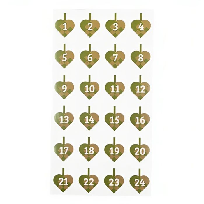 Klistermärken till adventskalender med siffror och flätade julhjärtan grön 24x Det Gamla Apoteket