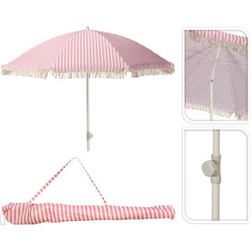 Parasoll med fransar, persika och råvit rand, Ø 180 cm