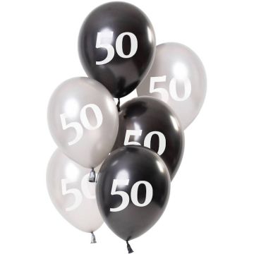 50-års ballonger, metallic svart och silver 6x - 23 cm