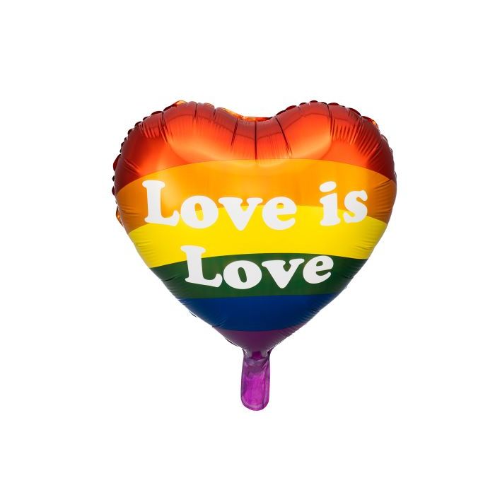 Regnbågsfärgad pridehjärta folieballong med vit text - 35 cm