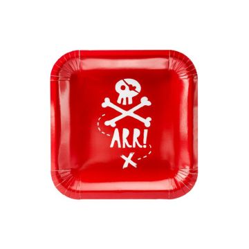 Röda pappers tallrikar med vitt piratmotiv 6x - 20x20 cm