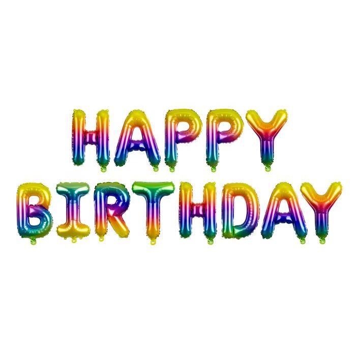 Regnbågsfärgade Happy Birthday bokstavsfoliebollar - 340x35 cm