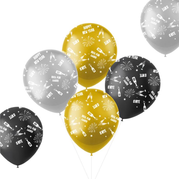 Nyårsballonger svart, guld och silver 6x 