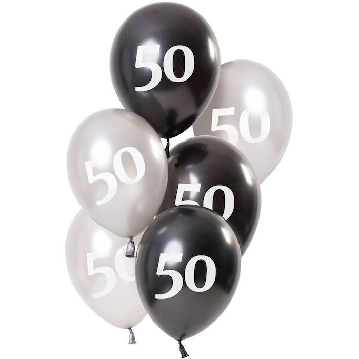 50-års ballonger, metallic svart och silver 6x - 23 cm