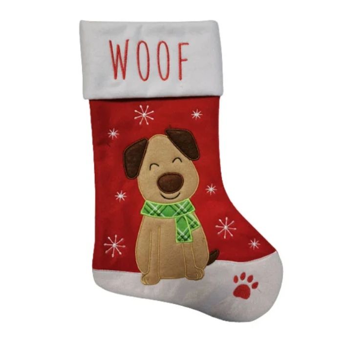Julestrumpa med brun hund 40x26 cm Det Gamla Apoteket 