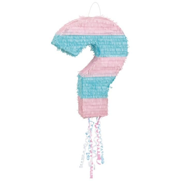 Frågetecken könsavslöjande pinata i blått och rosa 