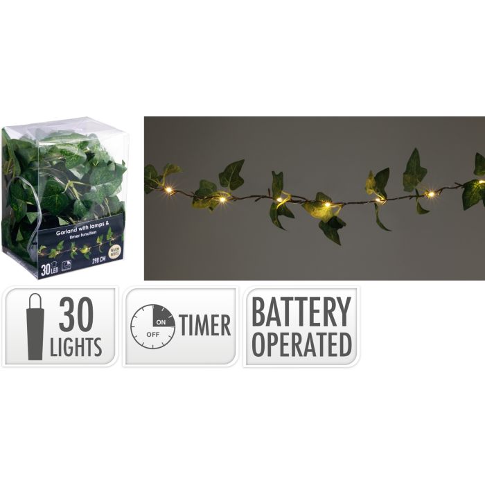 Efeugirlang med 30 LED-lampor 290 cm