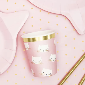 Rosa pappersmuggar med kattmotiv 6x - 200 ml