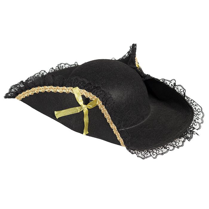 Pirat hatt med guldkant, spets och rosetter