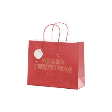 Röd julklappspåse med guldskrift - 32,5x26,5x11,5 cm