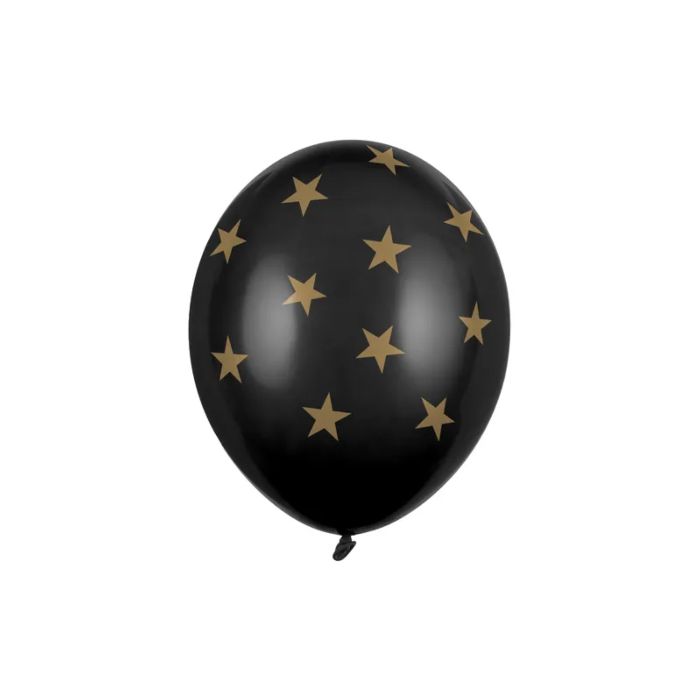 Ballong med guldstjärnor svart 6x - 30 cm 