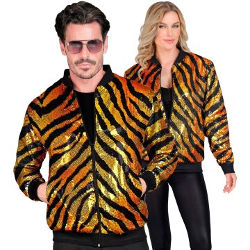 Paljetterad bomberjacka med tigerprint i orange