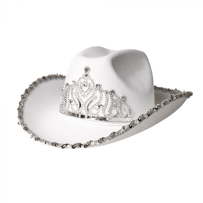 Vit glittrig cowboyhatt med glittrande tiara 