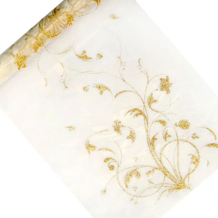 Organza bordsduk crèmefärgad med guldmönster 0,36x9 m