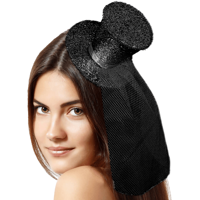 Svart mini glitter topphatt med slöja