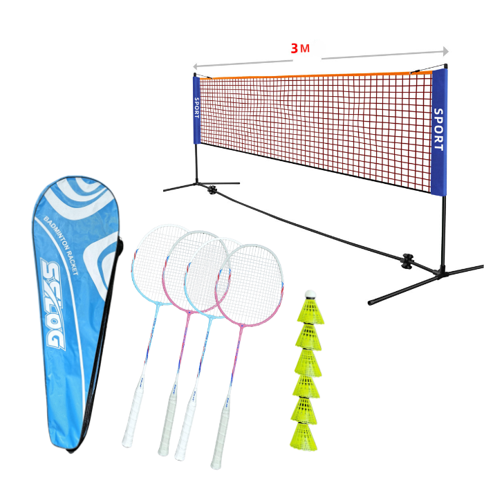 Badmintonsats m. nät, 4 racketar och 6 bollar