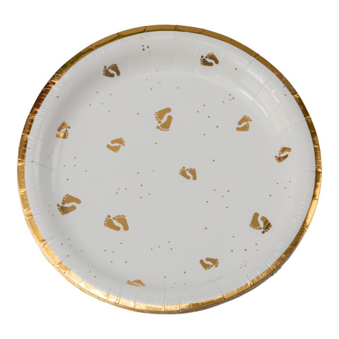 Papptallrikar med guld babyfötter 8x - 23 cm