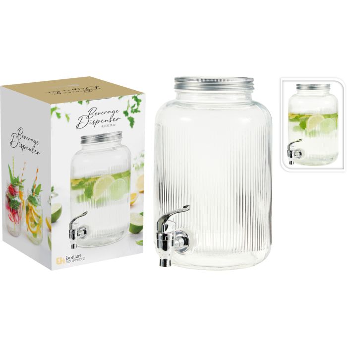 Riflad drickkanna i glas med kran, 4 liter