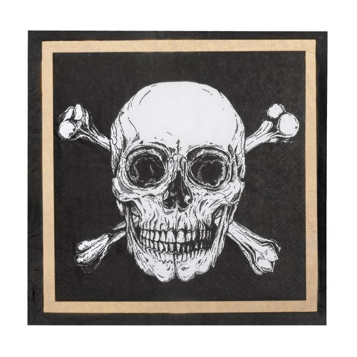 Dödskalle pirat servetter med guld kant 20x - 33x33 cm