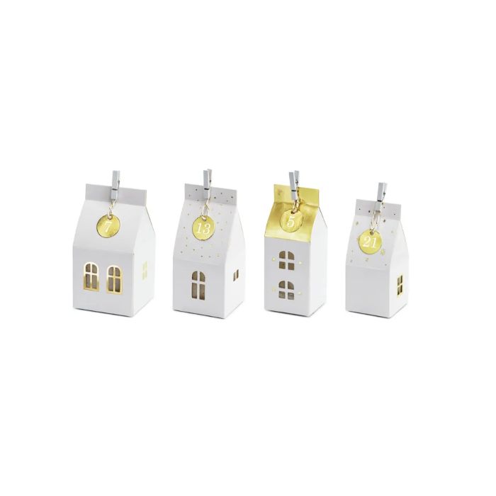 Julkalender papperhus vit med guld 6x13,5x6 