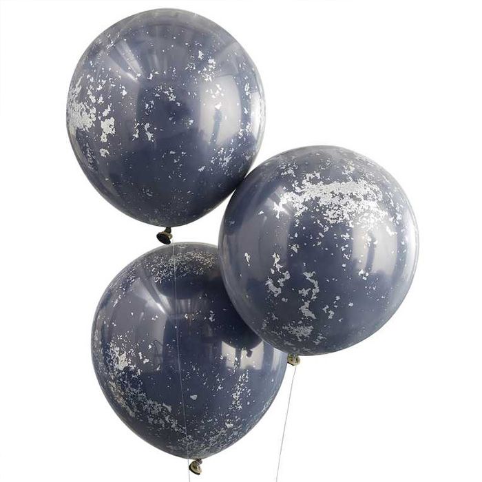 Mörkblå ballonger med silverkonfetti 3x - 45 cm