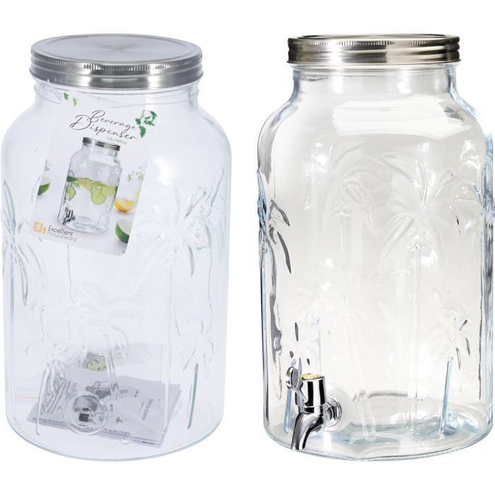 Drickkanna i glas med palmönster och kran, 5,5 liter