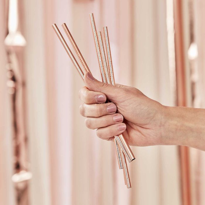 Stålsugrör i Rose Gold 5x - inkl. Borste