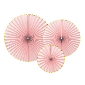 Ljusrosa rosetter med guldkant 3x – Ø23-40 cm